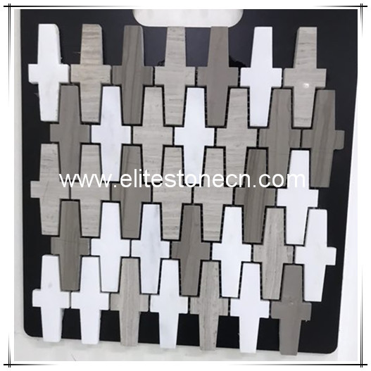 ES-H028 Wooden Grey Marble And Wooden White Marble Mosaic Wall Tiles