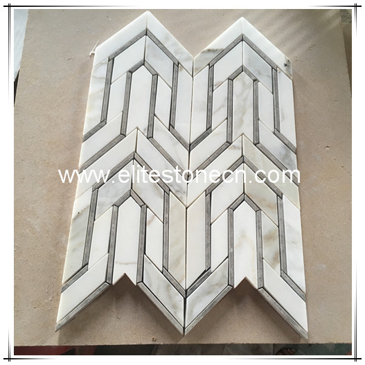 ES-G38 Polished Stone Calacatta White Marble with Golden Veins Herringbone Mosaic