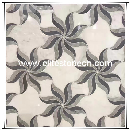 ES-W212 Carrara White And Italy Gray Mixed Waterjet Marble Mosaic Tile Flower Pattern Mosaic Tile