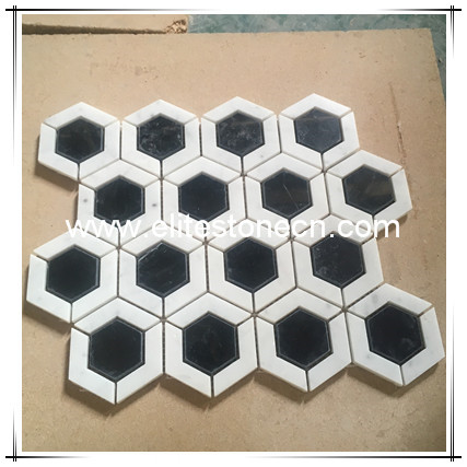 ES-N13 Carrara Nero Marquine Black Mixed White Hexagon Marble Floor Mosaic Tile