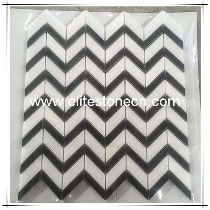 ES-T50 White thassos and black nero marquina marble Chevron herringbone Mosaic Tile