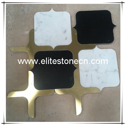 ES-W259 Italy Water jet Statuario Mixed Black Marble And Brass Mosaic Tile Waterjet Mosaic Tile
