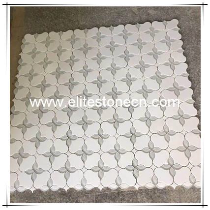 ES-W261 Thassos White Marble Mixed Crystal Glass Flower Waterjet Mosaic Tiles for Bathroom and Kitchen Backsplash