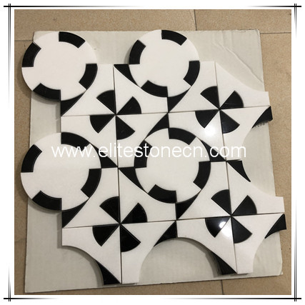 ES-444 White Mixed Black Flower Pattern Water Jet Marble Stone Mosaic Tile