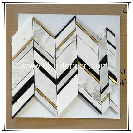 ES-W446 Bathroom Water Jet Black White Marble Mosaic Tile with Brass Inlay