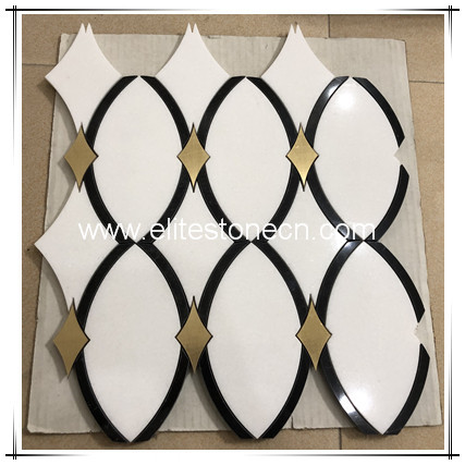 ES-W453 Custom Flower Pattern Water jet White Marble Mosaic Tile with Bronze Inlay