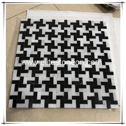 ES-N27 black mixed white carrara waterjet flooring flower marble mosaic