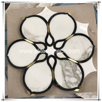 ES-W480 Brass Inlay Marble Mosaic Shell Waterjet Tile For Indoor Decoration