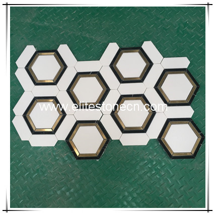 ES-W82 hexagon brass and thassos white marble mosaic
