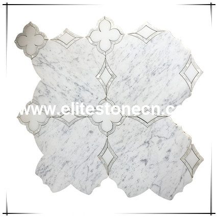 ES-W293 Backsplash Tile Carrera White Marble Shell And Stone Pattern Mosaic Waterjet Design