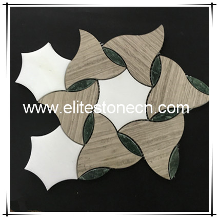 ES-W36 Water Jet Cut Stone Grey Wood Grain Thassos White Flower Marble Mosaic Tile For Wall