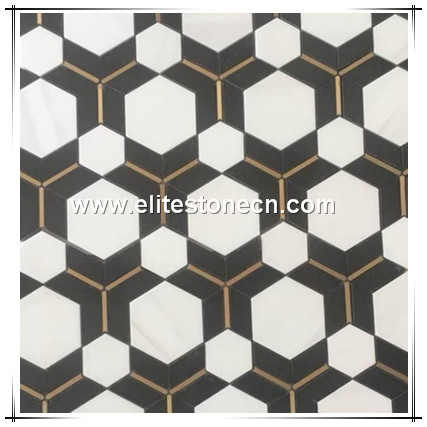 ES-W343 Italian Cararra White and Nero Black Marble Hexagon Tiles Mosaic For floor