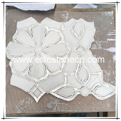 ES-W342 waterjet thassos white and shell flower marble mosaic tile