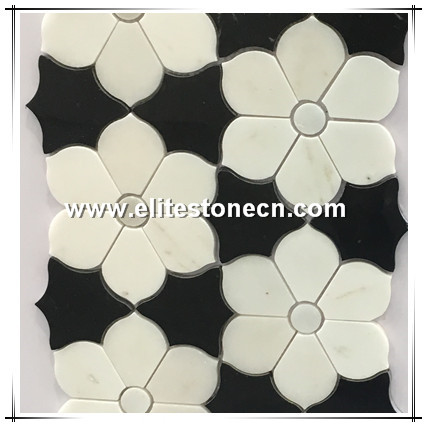 ES-W280 Chinese factory white waterjet marble mosaic mixed black stone tile flower