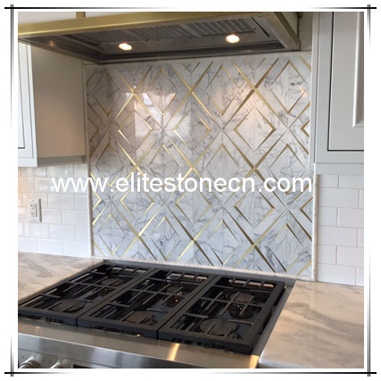 ES-W268 carrara white marble water jet mosaic gold metal brass inlay luxury wall tile