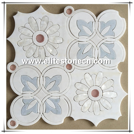 ES-W381 Thassos white with blue marble and shell waterjet marble mosaic for wall decoration