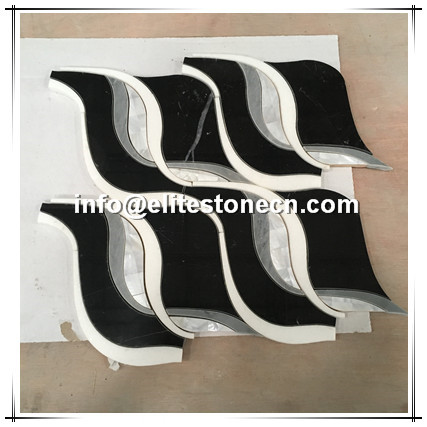 ES-W382 white mother pearl of shell wave mosaic and nero marquina black marble waterjet tile