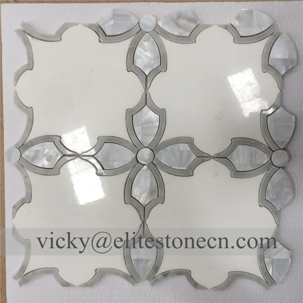 ES-W391 Flower Design Marble Waterjet Tile Thassos White Shell Mosaic