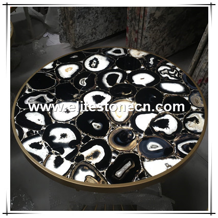 ES-P05 Backlit Customized Design Semi Precious Gemstone Black Agate Stone Coffee Round Table Top 