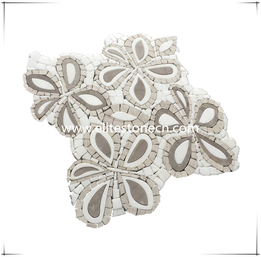 ES-W408 Polished Water Jet White Marble Design Bathroom Floor flower pattern mosaic tile
