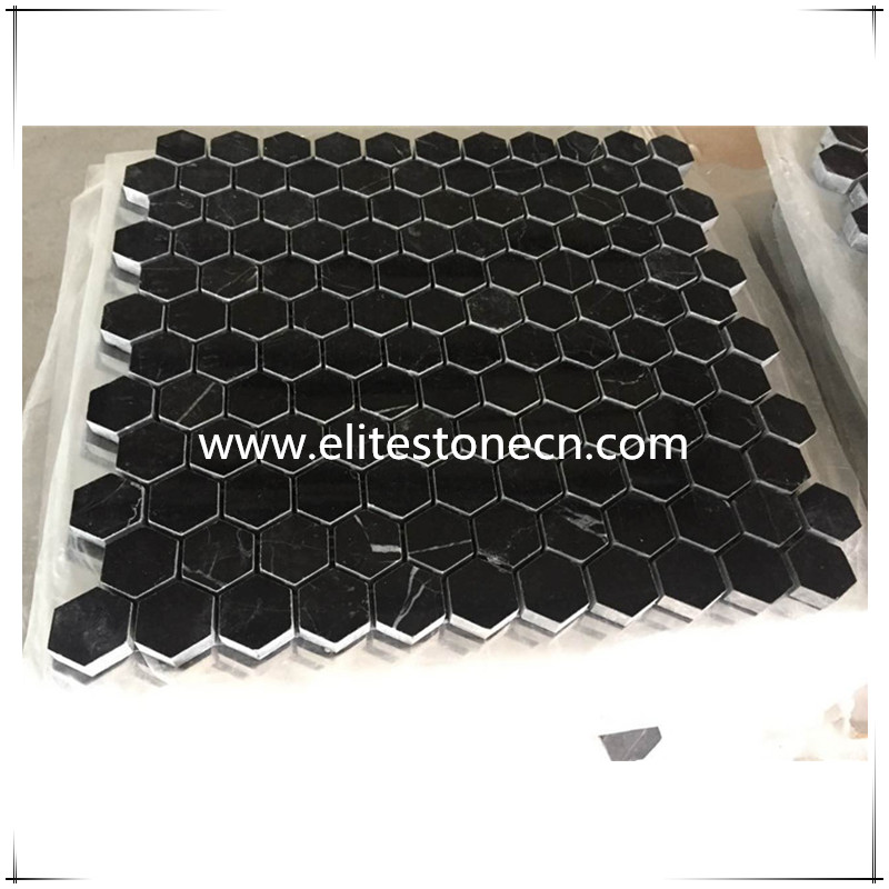 ES-N23 Black Nero Marquina Hexagon Marble Mosaic For Floor Tile