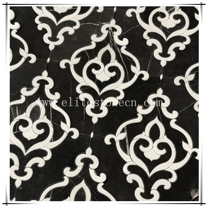 ES-W529 White and Black Marble Flower Mosaic Floor Tile Pictures Pattern Design