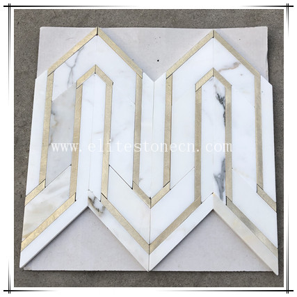 ES-W543 Cheap Price water jet Chevron white marble with Gold Metal mosaic for wall and floor