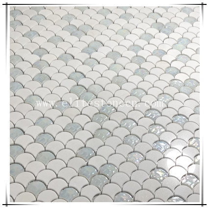 ES-W545 White natural marble mix glass fish scale sector fan mosaic tile